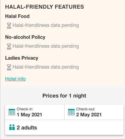 Hotel's halal-friendliness data is pending